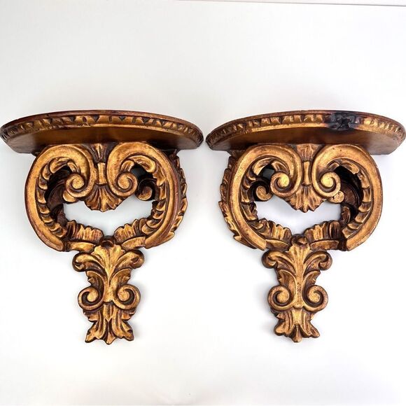 PAIR OF GILT WOOD WALL SHELVES BRACKETS ITALIAN FLORENTINE ROCOCO GOLD GILT - Picture 1 of 16